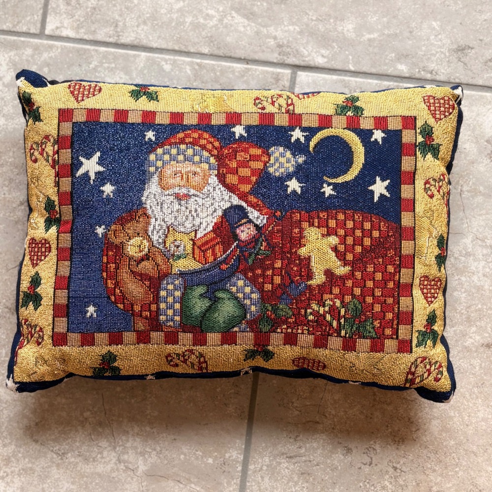 Vintage Christmas Santa Claus Tapestry Throw Pillow Teddy Bear Starry Night Bag
